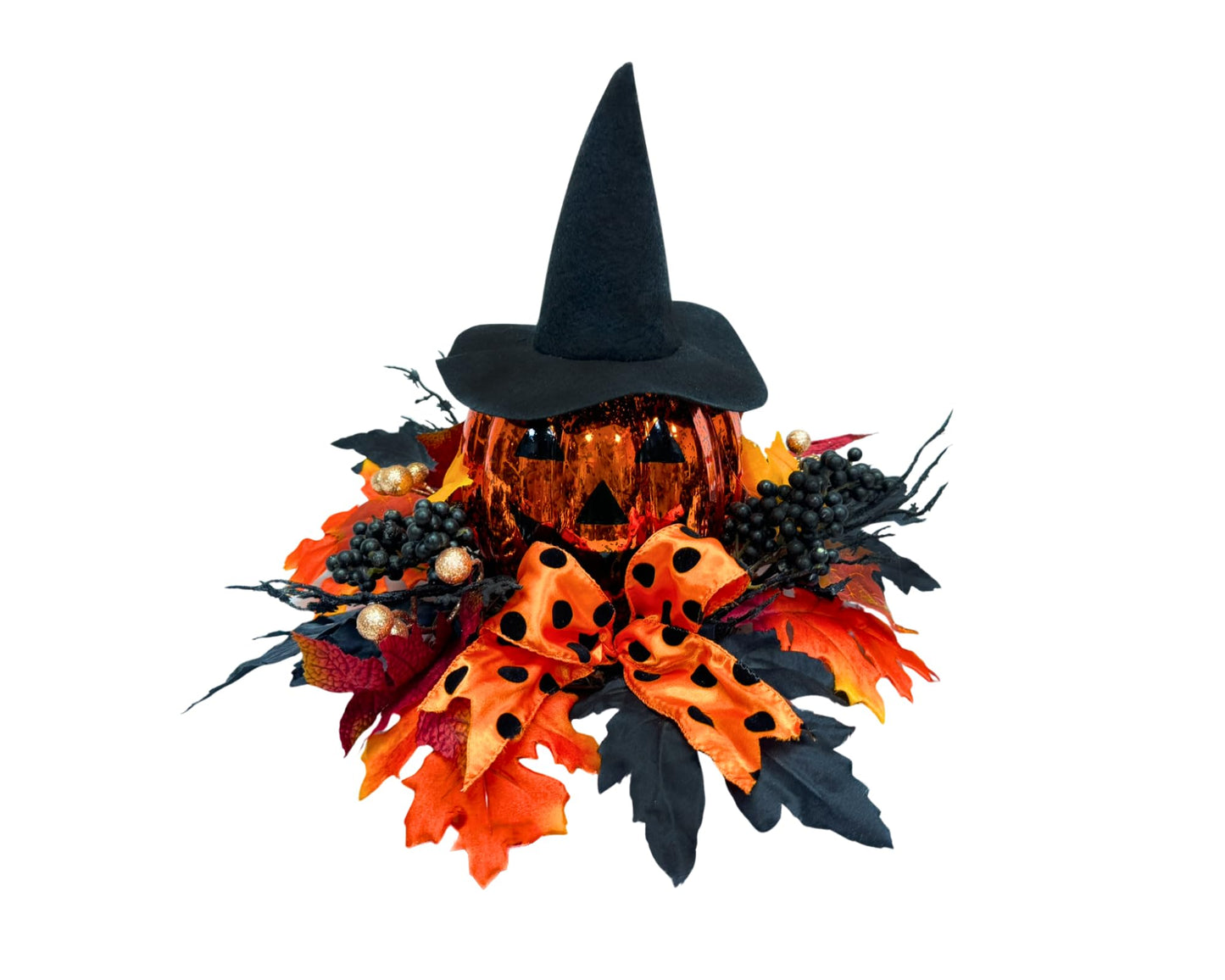 Svndlyn Lighted Harvest Pumpkin Table Decoration Indoor Outdoor Table Centerpiece with Maple Leaves Black Berries and Witch Hat for Fall Table Centerpieces Thanksgiving Halloween Decor