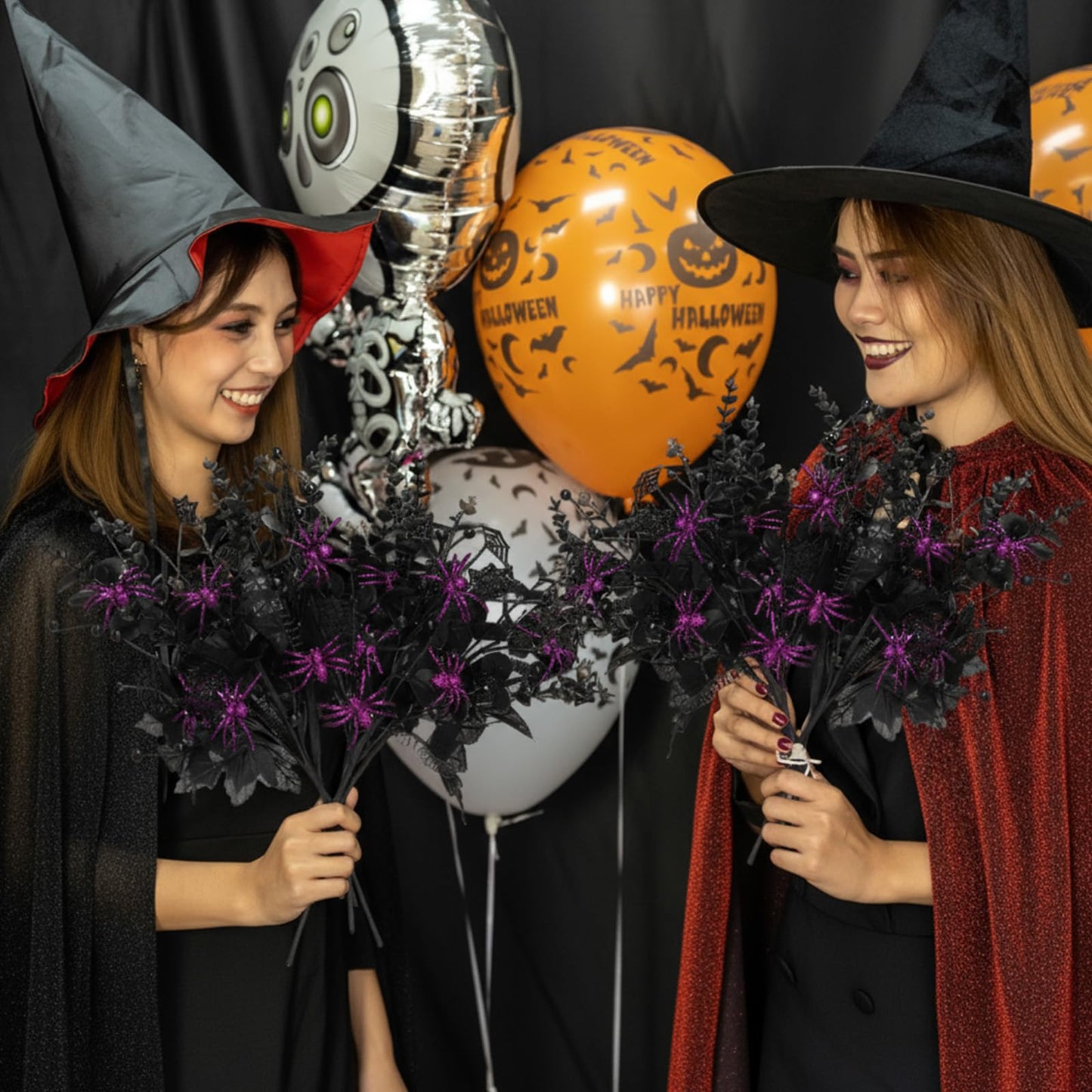 Giegxin 15 Pcs Halloween Floral Picks Halloween Decorations 19.5inch Black Artificial Flowers Branches Eucalyptus Stems Glitter Spiderweb Maple Leaf Stems for Home Indoor Party Vase Arrangement Decor