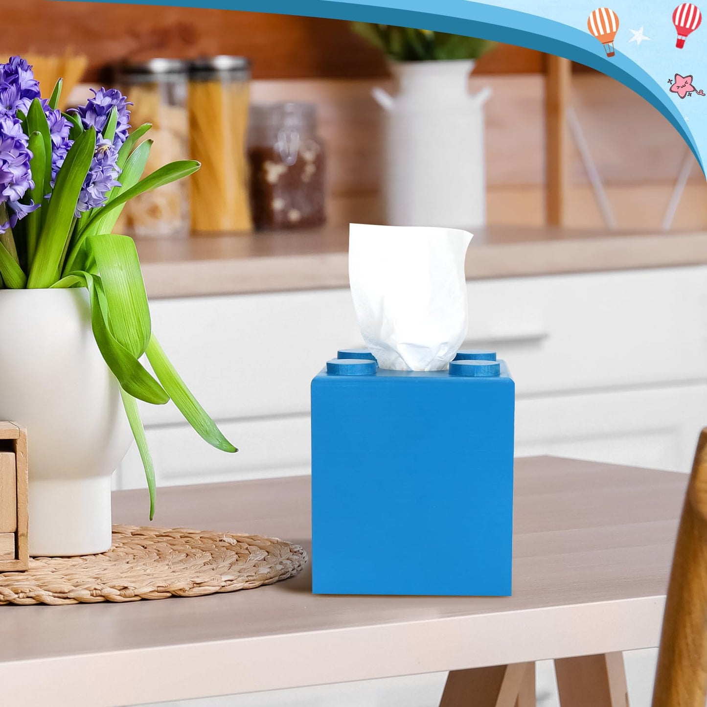 CypherX Wood Tissue Box Cover, Tissue Box Cover Square, Building Blocks Tissue Box Holder with Slide-Out Bottom, Cute Home Decor for Bathroom Living Room Office Kitchen (Blue, Small)