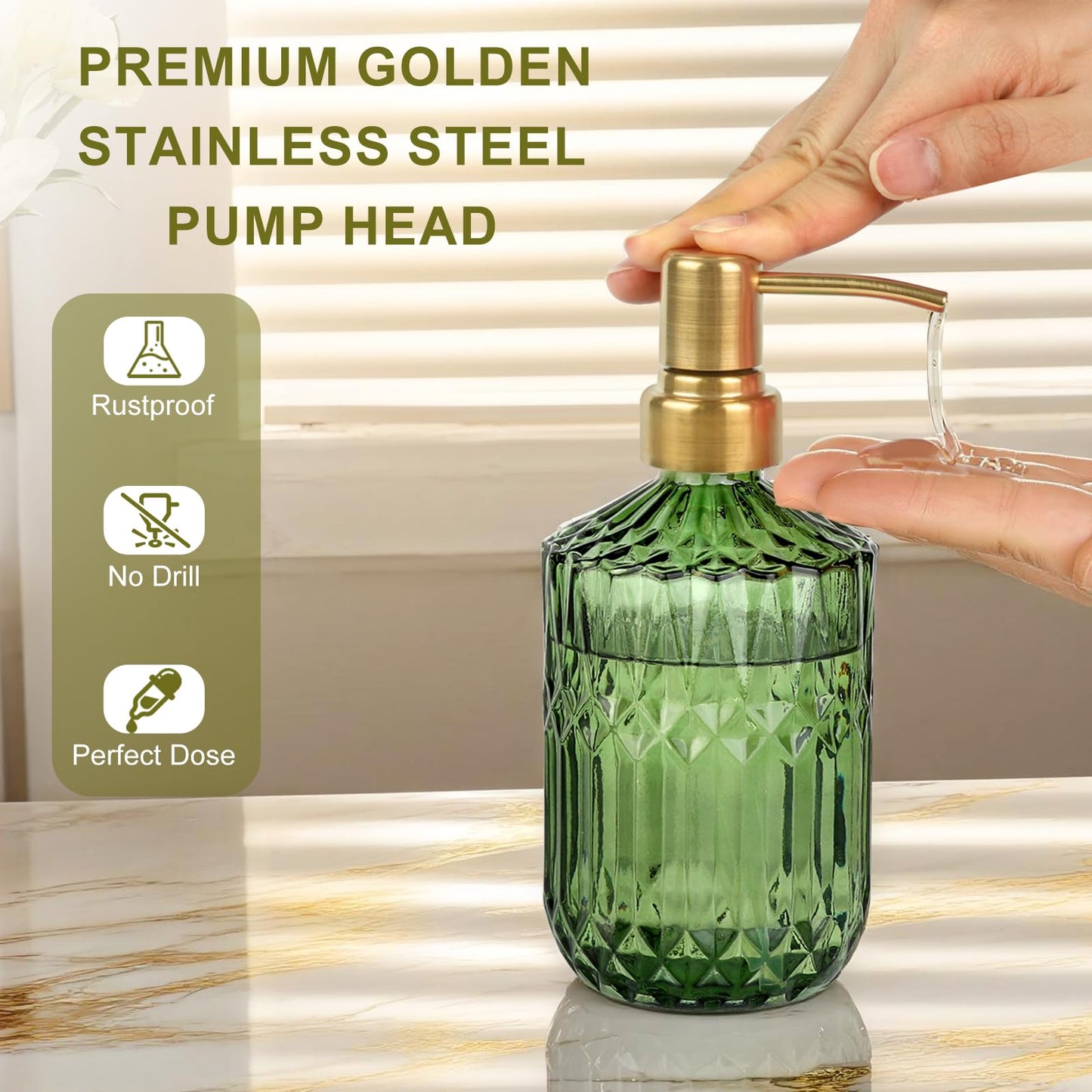 Ritrsvey Green Glass Soap Dispenser (15.4 Oz, 2 Pack), Kitchen Hand and Dish Soap Dispenser Set with Golden Rust Proof Pump, Vintage Bathroom Hand Soap Lotion Dispensers