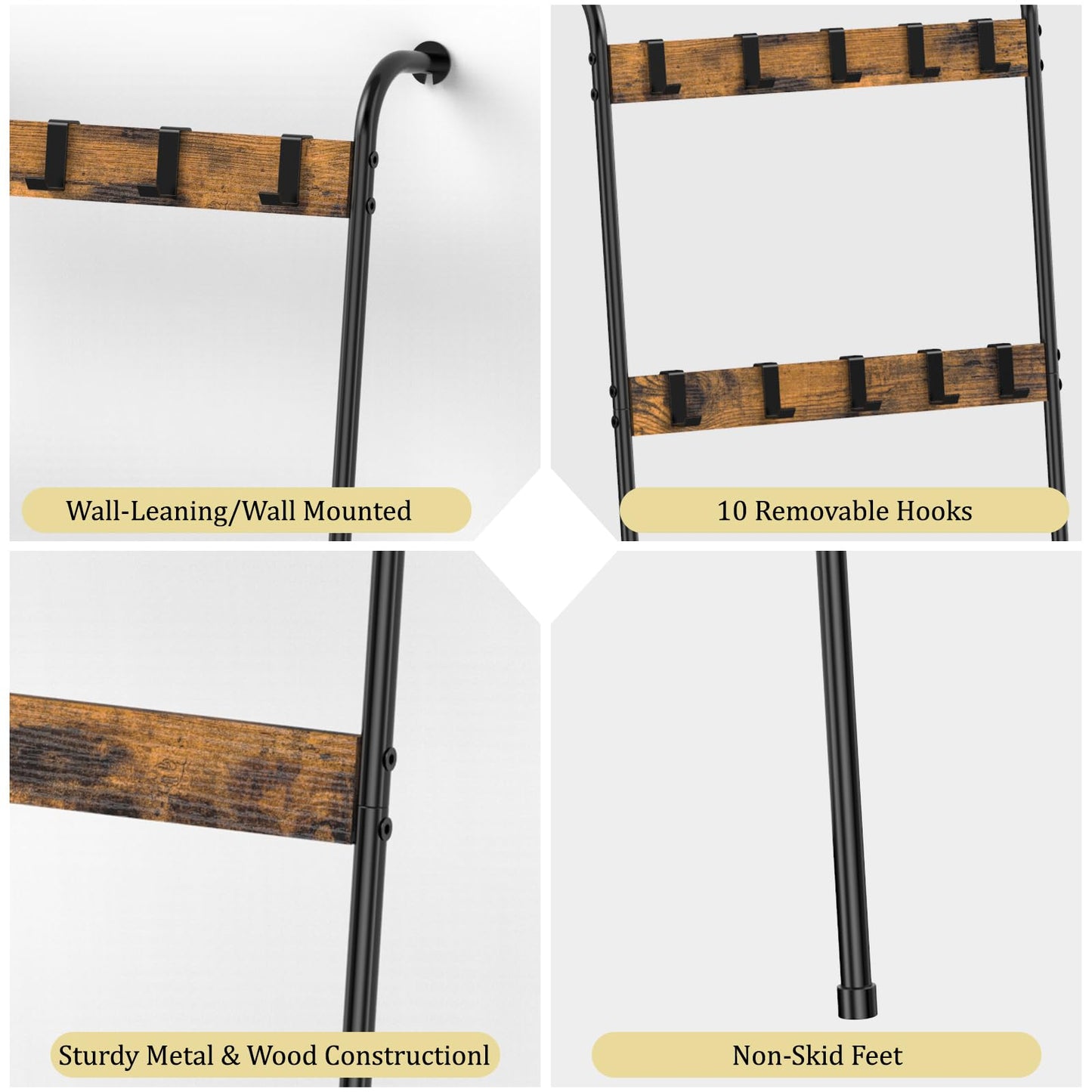 Blanket Ladder Shelf for Living Room, 5-Tier Wall Leaning Towel Rack with 10 Removable Hooks, Rustic Farmhouse Wooden Quilt Blanket Holder for Bedroom Boho Bathroom Decor, Rustic Brown