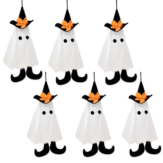 Gift Boutique - 6 Pack Halloween Party Decoration Hanging Ghosts 2.25" Cute Flying White Ghost with Black Witches Hat for Outdoor Front Porch Yard Patio Lawn Garden Holiday Home Decor