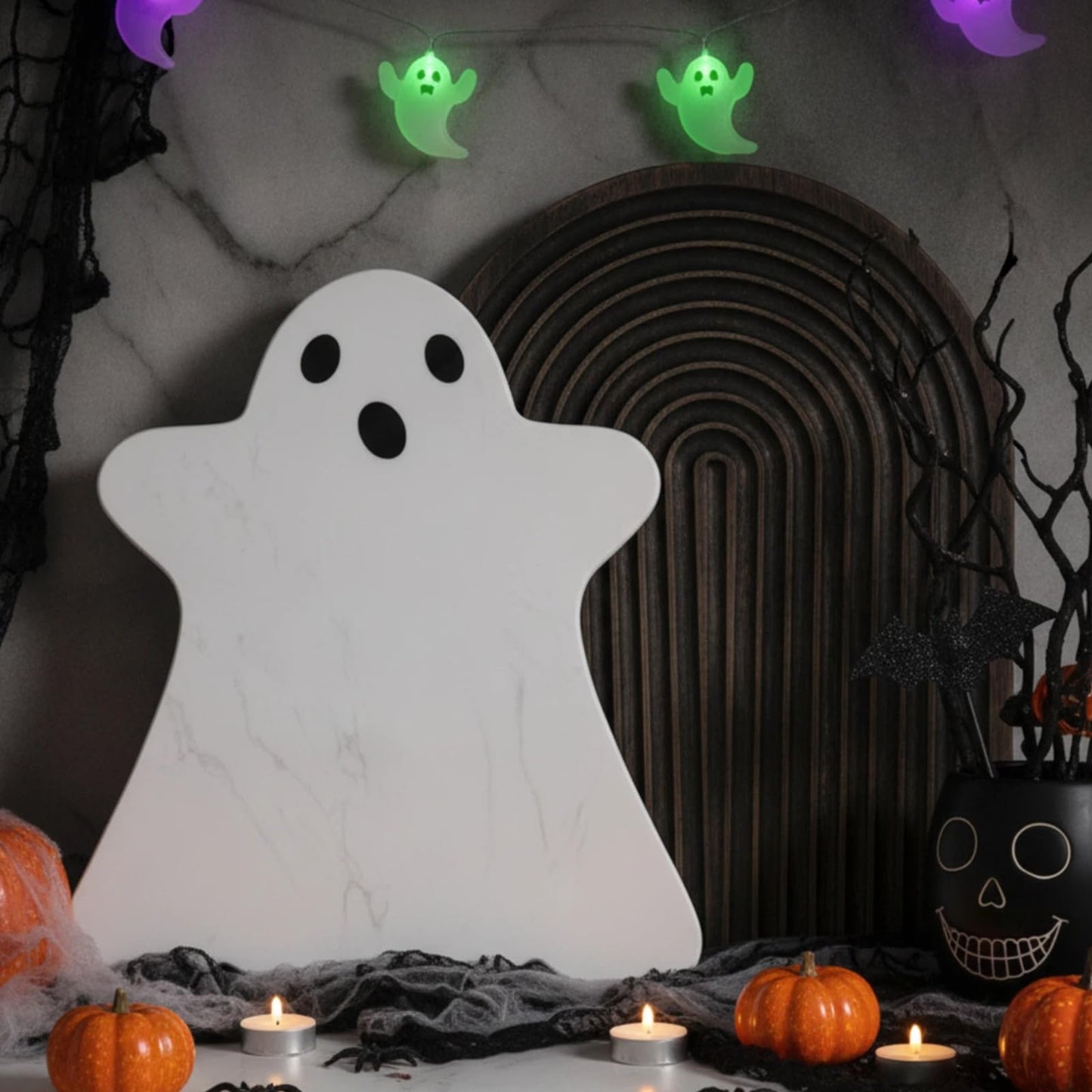 Reallnaive White Ghost Marble Cheese Board Halloween Charcuterie Serving Tray Marble Cutting Board for Cheese, Snacks, Appetizers and Kitchen