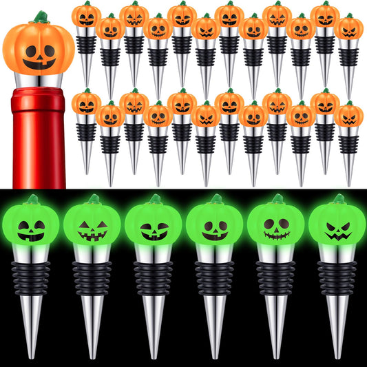 Blosssound 24 Pcs Halloween Wine Stopper Party Favors for Adults Bulk Glow in Dark Pumpkin Wine Corks Halloween Goodie Bags Stuffers Wine Accessories Gift for Host