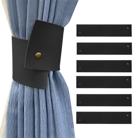 Realand 6Pcs Wide PU Leather Curtain Tiebacks, Elegant Buckle Curtain Tie Backs Decorative Curtain Holdbacks Holders for Home Outdoor Curtains and Drapes, Black