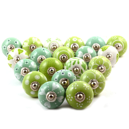 Eleet Assorted Ceramic Cabinet Knobs - Vintage Cabinet Cupboard Door & Drawer Pulls Chrome Hardware (Ceramic Knobs Set of 20, Green & White)