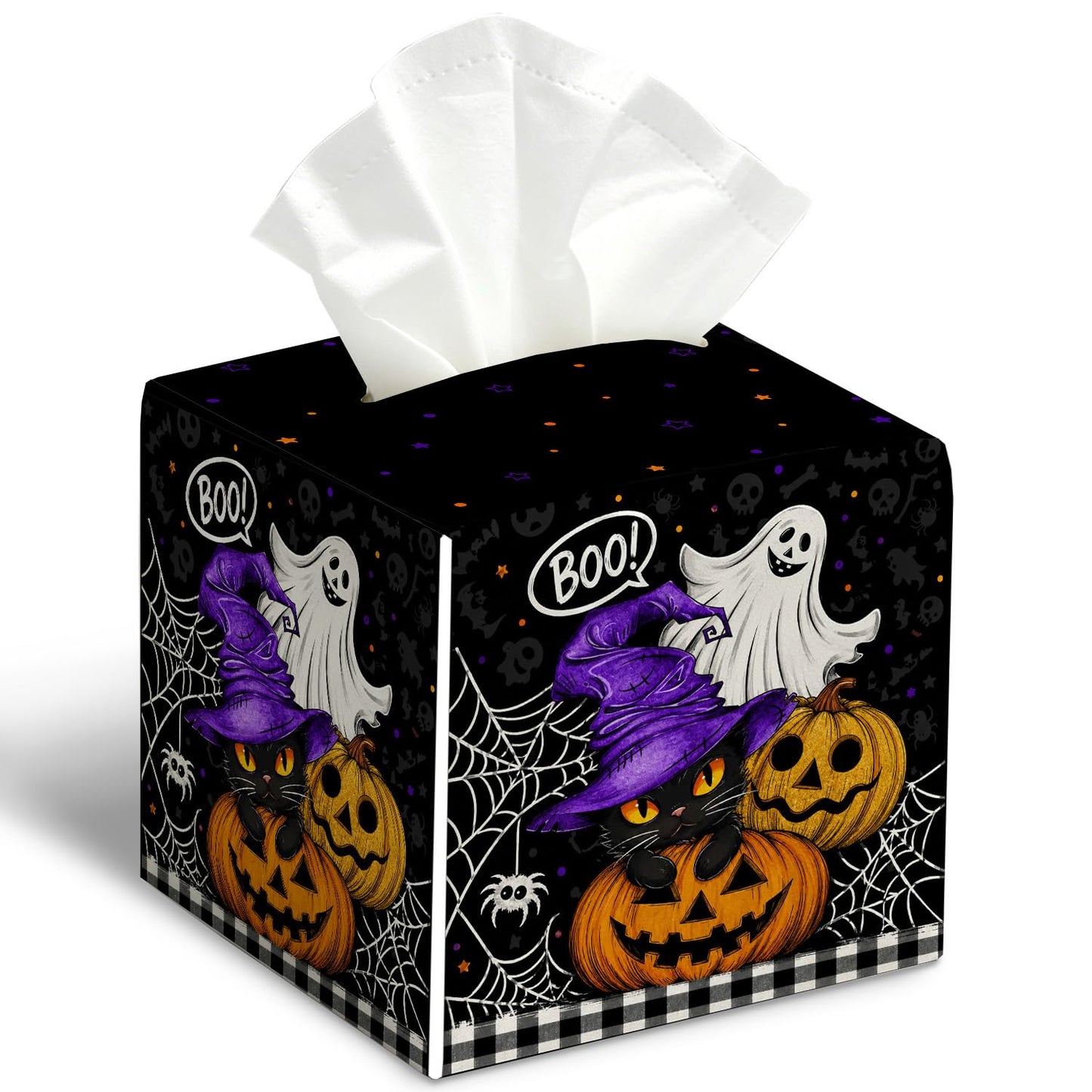 Halloween Tissue Box Cover Square, Black Cat Decorative Tissue Box Holder Facial Paper Organizer Dispenser for Bathroom Kitchen Bedroom Vanity Countertop Nightstands, Halloween Party Decoration/003