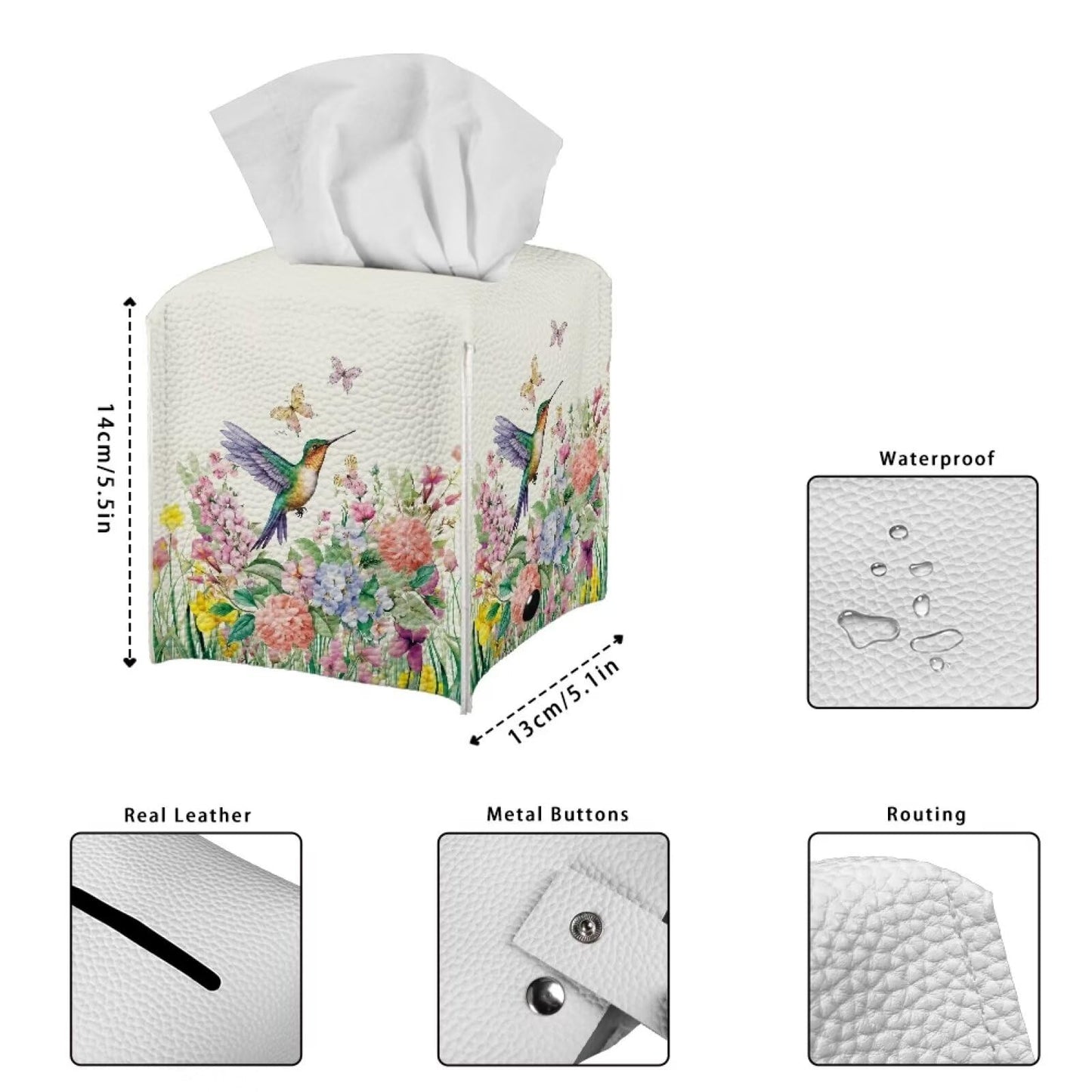 ZUXONGSY Hummingbird Tissue Box Cover Floral Leather Tissue Box Cover White Tissue Box Covers Cube for Countertop Tissue Boxes Bathroom Car