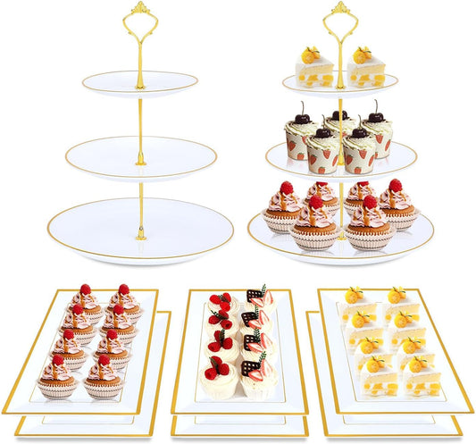 DI QIU REN 8PCS Cake Stand Set, Plastic Cupcake Stands with Gold Rim, Dessert Display Stands Set for Wedding Birthday Party Tea Party