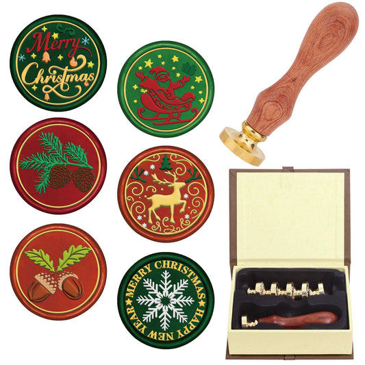 CRASPIRE 7Pcs Merry Christmas Wax Seal Stamp Set Sealing 6 Styles Stamps 25mm Heads+1Pc Wood Handle Snowflake Santa Claus Pinecones Deer for Xmas Party Envelope Invitation Cards Gift Wrapping Crafts
