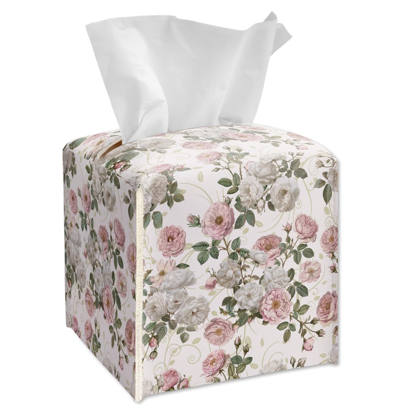 Watercolor Peony Flowers Tissue Box Cover Square - Tissue Box Holder with Bottom Belt, Leather Facial Paper Holder for Bathroom Vanity Countertop, Nightstands, Dining Table, Office, Car -18