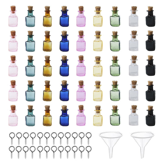 Hyuetrsa 45 Pcs 2 ml Mini Colored Glass Square Potion Bottles Mini Potion Bottles with Cork Tiny Spell Jars with Corks Stoppers & Funnel & Eye Bolts for DIY Decoration，9 Colors