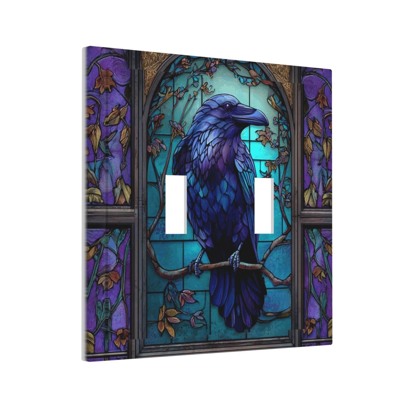 Stained Glass Crow On Tree Pattern Double Toggle Wall Plate Switch Decorative Panel Electrical Socket Plate Suitable For Bathroom Kitchen Living Room Bedroom