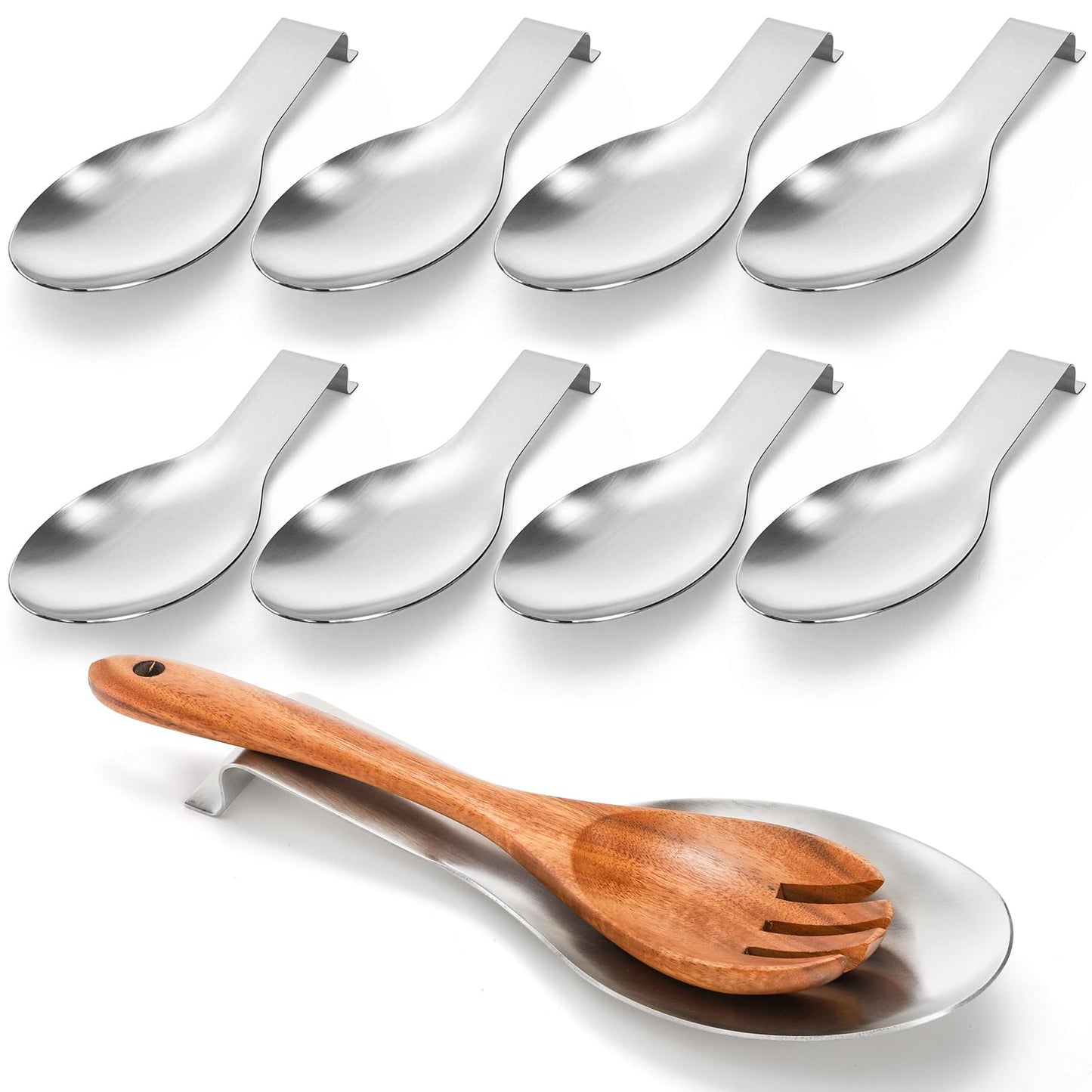 ELFULLY 8 Pack Stainless Steel Spoon Rest, Large Size Ladle Spatula Tong Holder, Heavy Duty Cooking Utensil Rest for Stove Top Kitchen Countertop, Dishwasher Safe Kitchenware, Silver