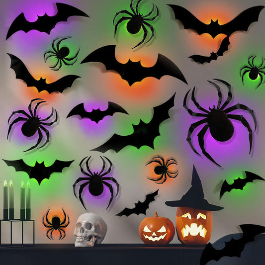 36 Pack Halloween Bat Spider Wall Decor, 3D LED Bat Spider Wall Stickers - 3 Colors - 3 Size - Removable Light up Spiders Bats Wall Decals for Halloween Party, Bedroom Window Decorations