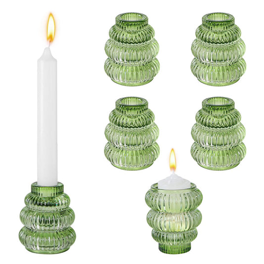 Tonxus Tower-Shaped Candle Holders Set of 6 for Table Centerpiece, Green Glass Tealight Candlestick Holder for Wedding Party Decor, Vintage Tea Lights Candle Holder for Home Decoration