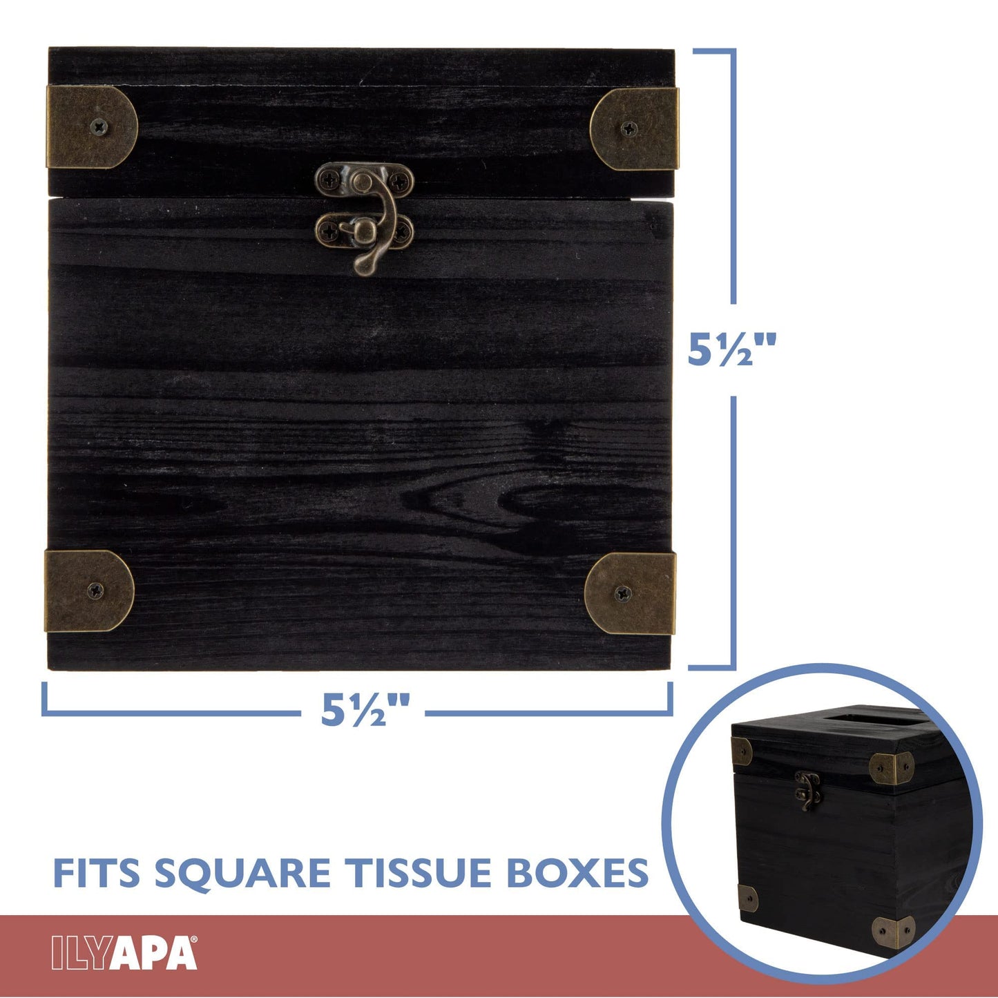 Ilyapa 5 x 6 Rustic Tissue Box Holder - Hinged Lid Tissue Dispenser for Bathroom Living Room Bedroom - Black Weathered Wood