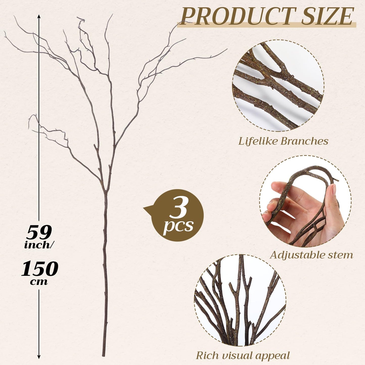 Norme 3 Pcs 65 Inch Lifelike Curly Willow Branches for Vases Artificial Decorative Dried Twigs Tall Plastic Vine Bendable Stick for DIY Plant Crafts Farmhouse Wedding Indoor Home Hotel Decor(Brown)
