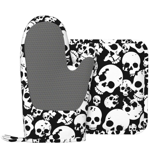 Skull Black And White Oven Mitts And Pot Holders Set Of 2 Silicone Heat Resistant Oven Mitten Potholders Non Slip Gloves Kitchen Decor For Bbq Cooking Grilling Baking