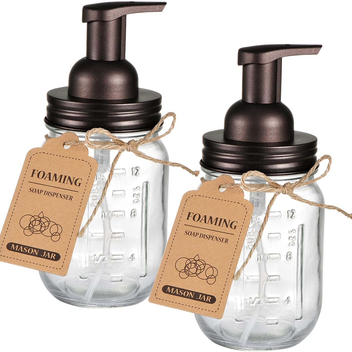 SheeChung Mason Jar Foaming Soap Dispenser-Rustproof Stainless Steel Lid & Foaming Soap Pump, Refill Foam Hand Soap Dispenser Glass for Bathroom Kitchen Vanities, Countertops-Bronze (2 pk)