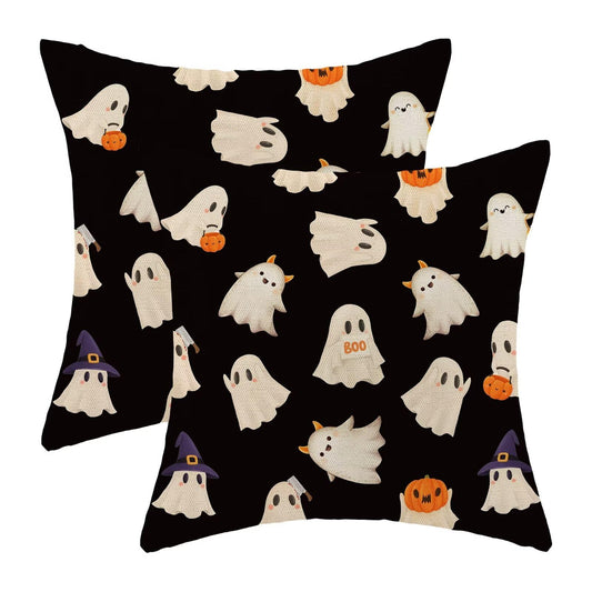 Jecuwo Halloween Pillow Covers 16x16 Inch Set of 2, Happy Halloween Funny Ghost Pumpkin Decorative Throw Pillowcase Black and White Ghost Cushion Cover for Sofa Couch Living Room Bed Decor