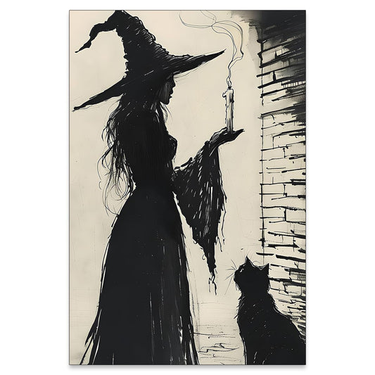 Halloween Canvas Wall Art Witch and Black Cat Posters Gothic Candle Haunted Witchcore Pictures Vintage Ink Style Prints for Dark Academia Halloween Party House Decor 16x24inch Unframed