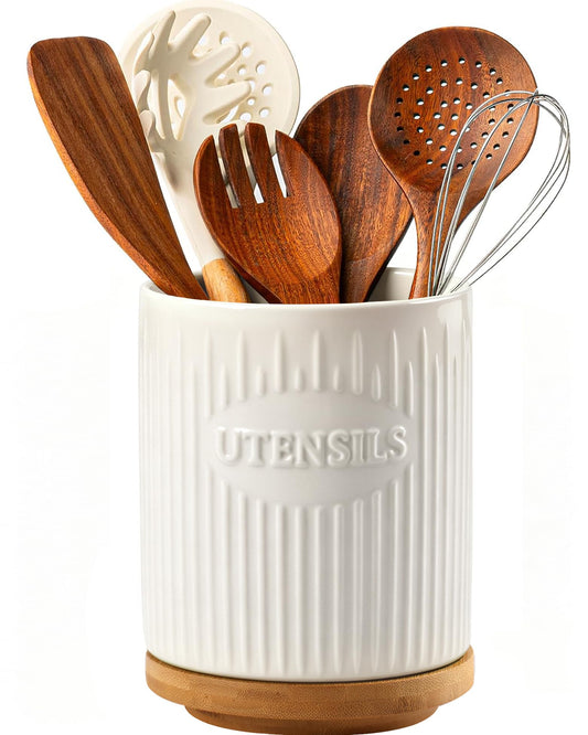 QINSDESIGNS 360° Rotating Utensil Holder, 7.6" Large Ceramic Kitchen Utensil Holder for Countertop with Rotatable Bamboo Base, Stable Cooking Utensil Crock, Farmhouse kitchen Decor, White