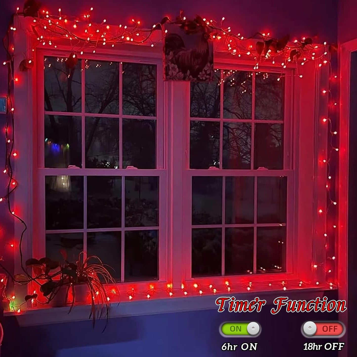 YEGUO String Lights Battery Operated, 2 Pack Each 33ft 100 LED Red Halloween Lights Outdoor Waterproof, Green Wire Christmas Light Indoor with Remote