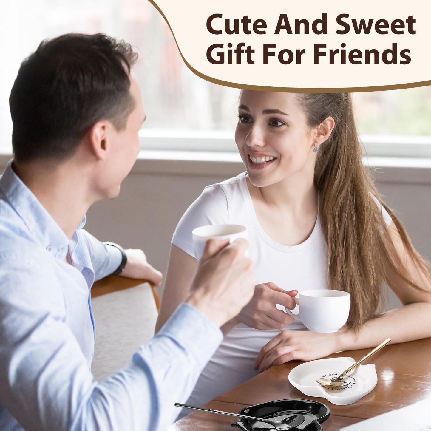 FoldTier 2 Pcs Ceramic Coffee Spoon Rest with Spoon Small Heart Black White Stirrer Holder Bar Station Accessories Decoration Lover Housewarming Gift(Rest But First Coffee)
