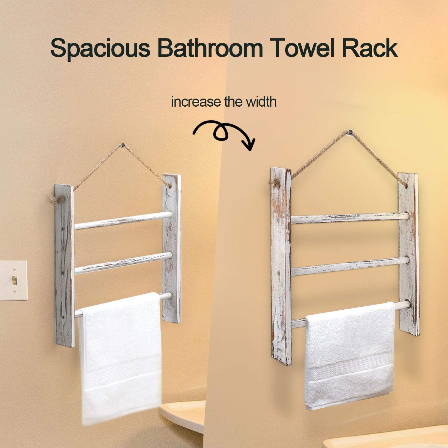 CuffUp Rustic Wood Ladder Hand Towel Rack for Bathroom, Farmhouse Blanket Ladder for Living Room Hanging Decorative Rack for Blankets Whitewashed Towel Rack with Rope (Whitewashed)