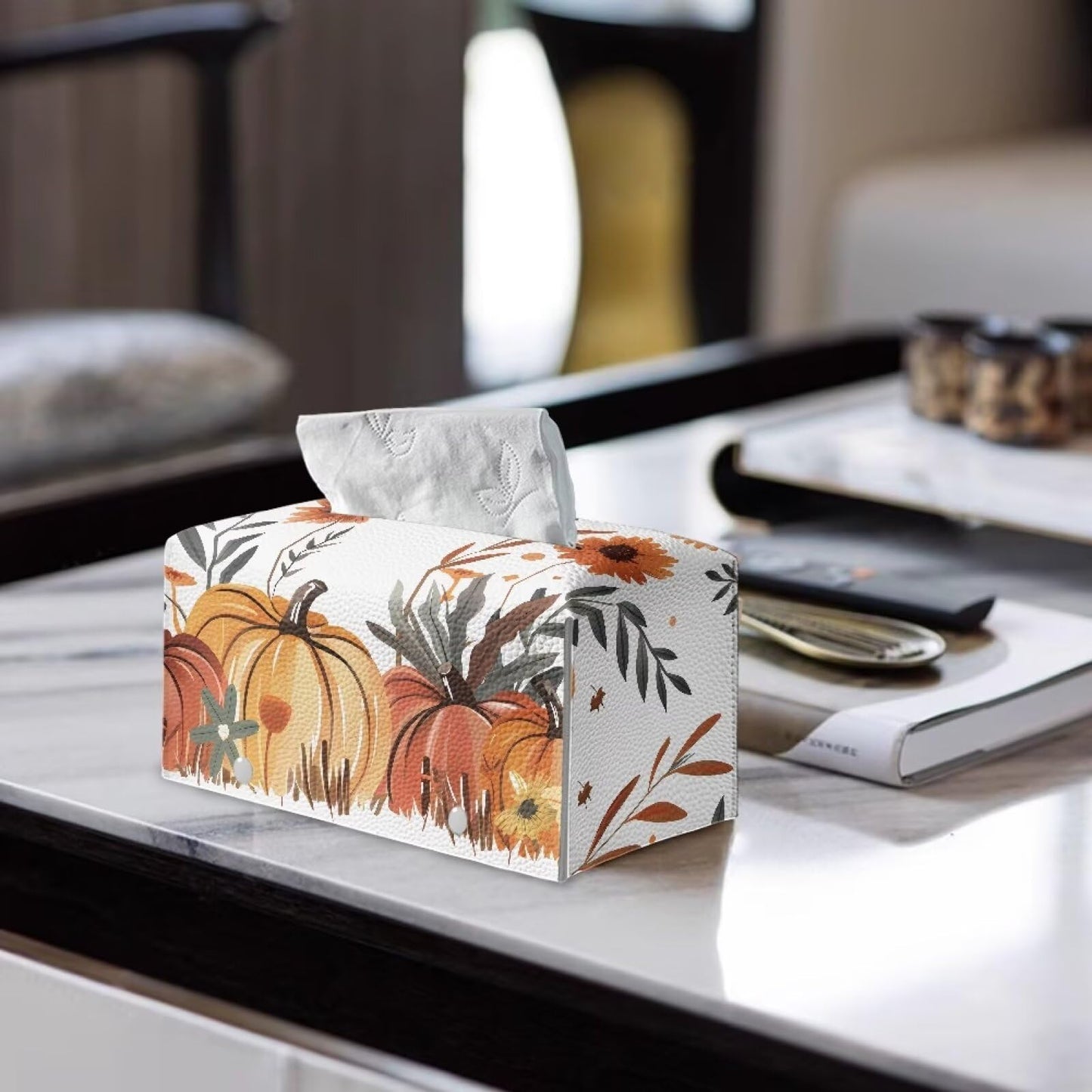 Bivxisrvo Thanksgiving Pumpkin Tissue Box Waterproof and Dustproof Tissue Box Cover Rectangle Kleenex Tissues Boxes Cover Leather Tissue Box Cover Decor for Kitchen Living Room Bathroom