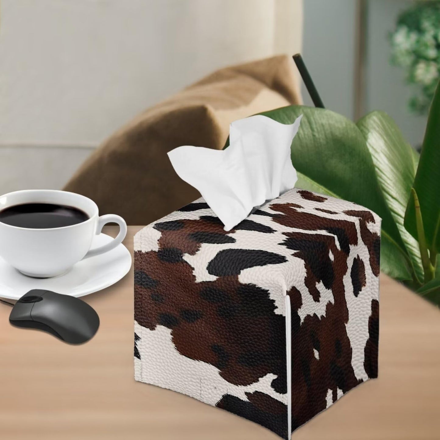 Eheartsgir Brown Cow Print Tissue Box Cover Square Anti-Stains Waterproof Tissue Box Holder Napkin Holder with Bottom Strap for Car Bathroom Bedroom Night Stands Decor