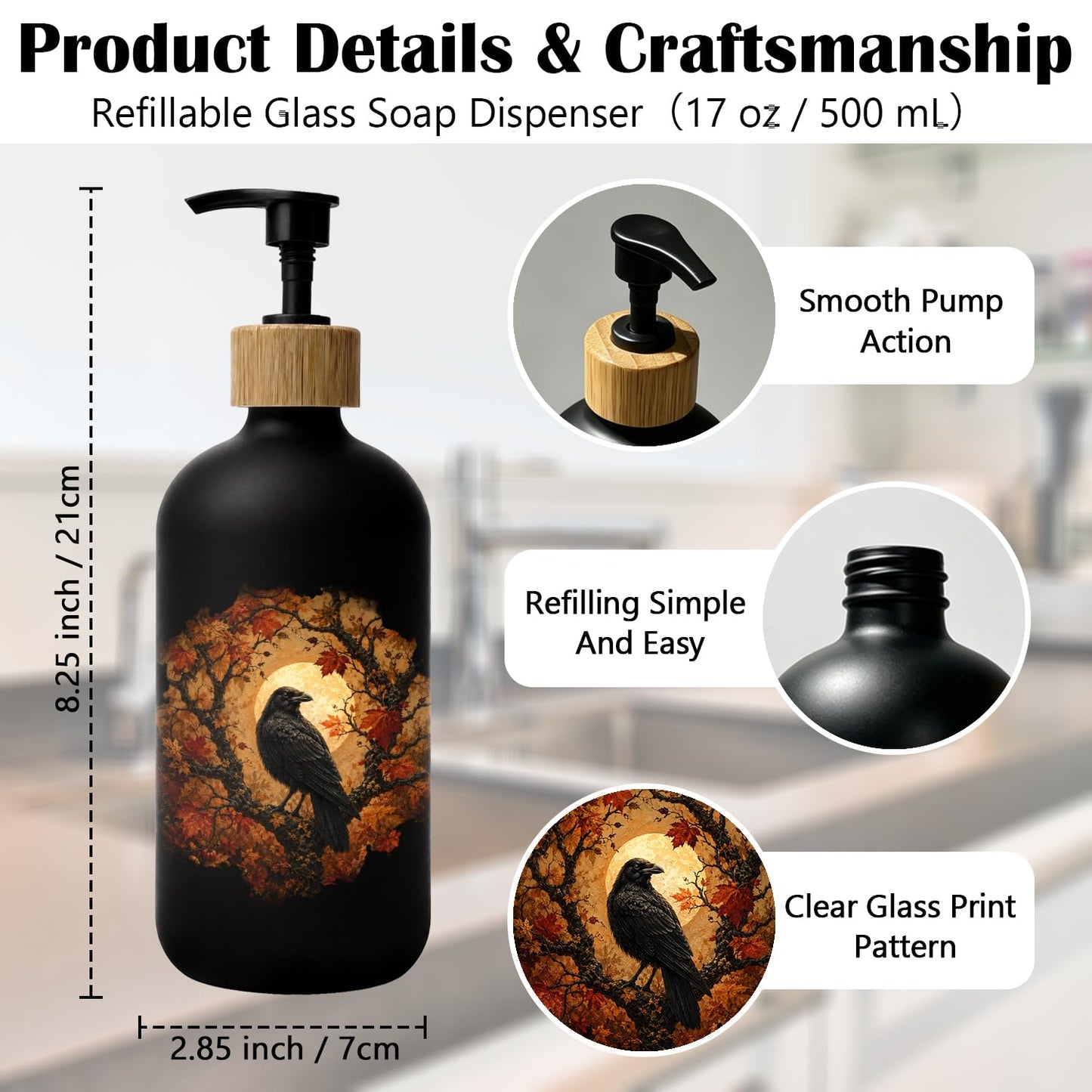 Stelloriellea Fall Halloween Raven Glass Soap Dispenser with Pump