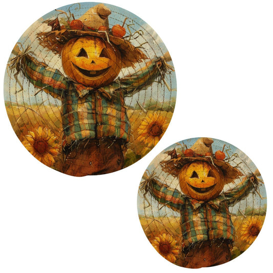 Peystean Kitchen Set of 2 Potholders Trivets, Funny Pumpkin Scarecrow Sunflower Field Woven Hot Pot Coasters Placemats for Cooking Baking Hot Dish Pan Pot Bowl Teapot(7&9 Inches Diameter)