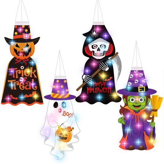 Amyhill 4 Pcs Halloween Windsocks with LED Lights Outdoor Decoration Pumpkin Ghost Skeleton Witch 40 Windsock Flag Hanging Decorations for Yard Tree Porch Garden Patio Halloween Party Supplies