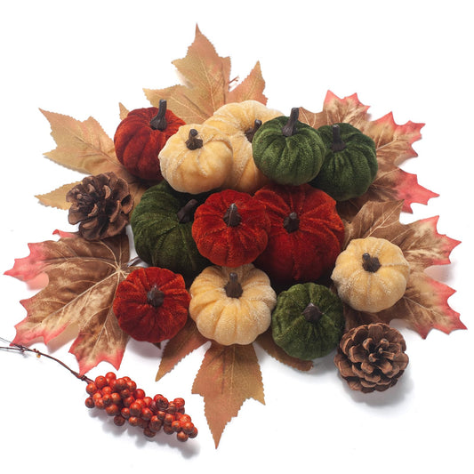 GHGMAO 21 PCS Pumpkins Decor Set, 3 Sizes Fake Velvet Pumpkin, Dark Green Brown Gold Small Foam Pumpkins for Thanksgiving Farmhouse Fall Harvest Autumn Decorations Table Centerpiece