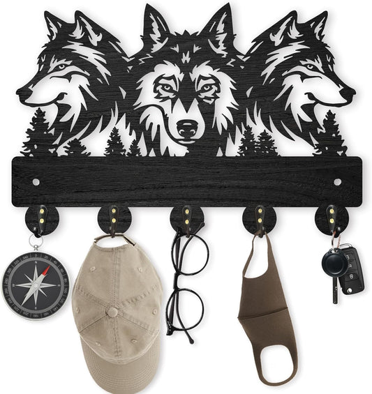 AIENAI Wolf Design Wall Mount Key Holder, 5 Metal Hooks, Solid Wood Coat Rack, 11.8x7.9 inches, Black