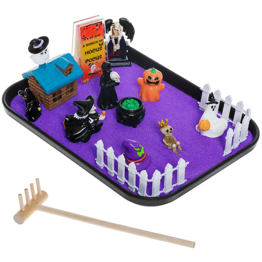 Halloween Zen Garden Kit with Inspirational Sign Haunted House Mini Zen Garden Decorative Trays Home Office Desk Decor Stress Relief Gift Includes All Accessories
