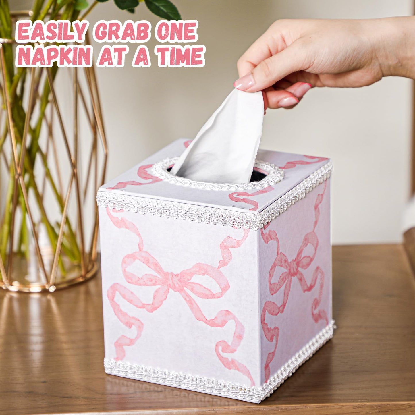 Jingmore Pink Bow Tissue Box Cover Cotton Luxury Coquette Tissue Holder with Magnetic Closure Square Cube Box Holder for Living Room Bathroom Table Desk Home Office Car Decor