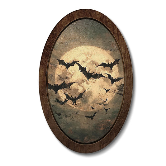 KERNDBSDF Vintage Gothic Bat Wall Art Decor, Gothic Bats Flying Over Full Moon Oval Framed Wall Art, Rustic Dark Wall Hanging Decor for Living Room Bedroom Hallway Halloween Decor, 14.5x9.0 Inch