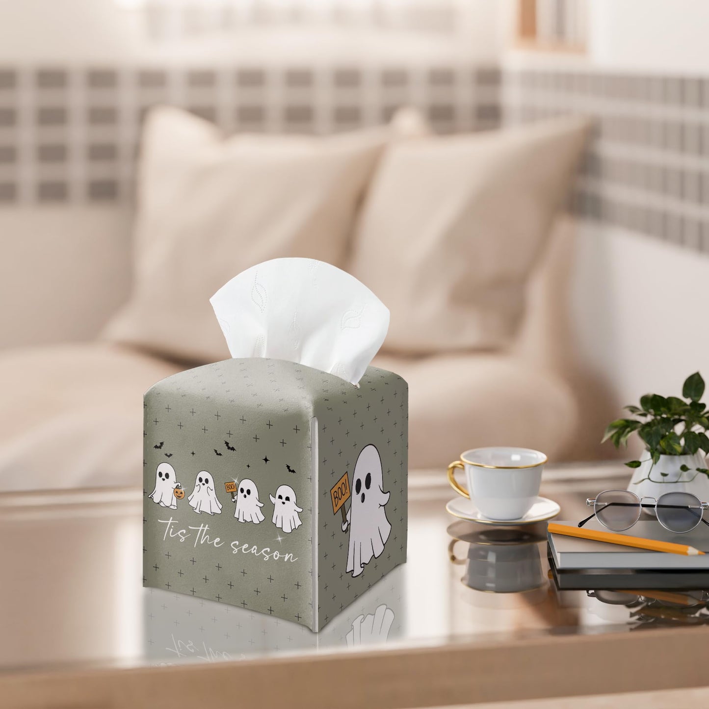 Halloween Tis The Season Tissue Box Holder, Cute Ghost Leather Tissue Box Cover Square, Cute Facial Paper Organizer Dispenser Toilet Paper Holder for Bathroom Kitchen Office Home Decor-A05