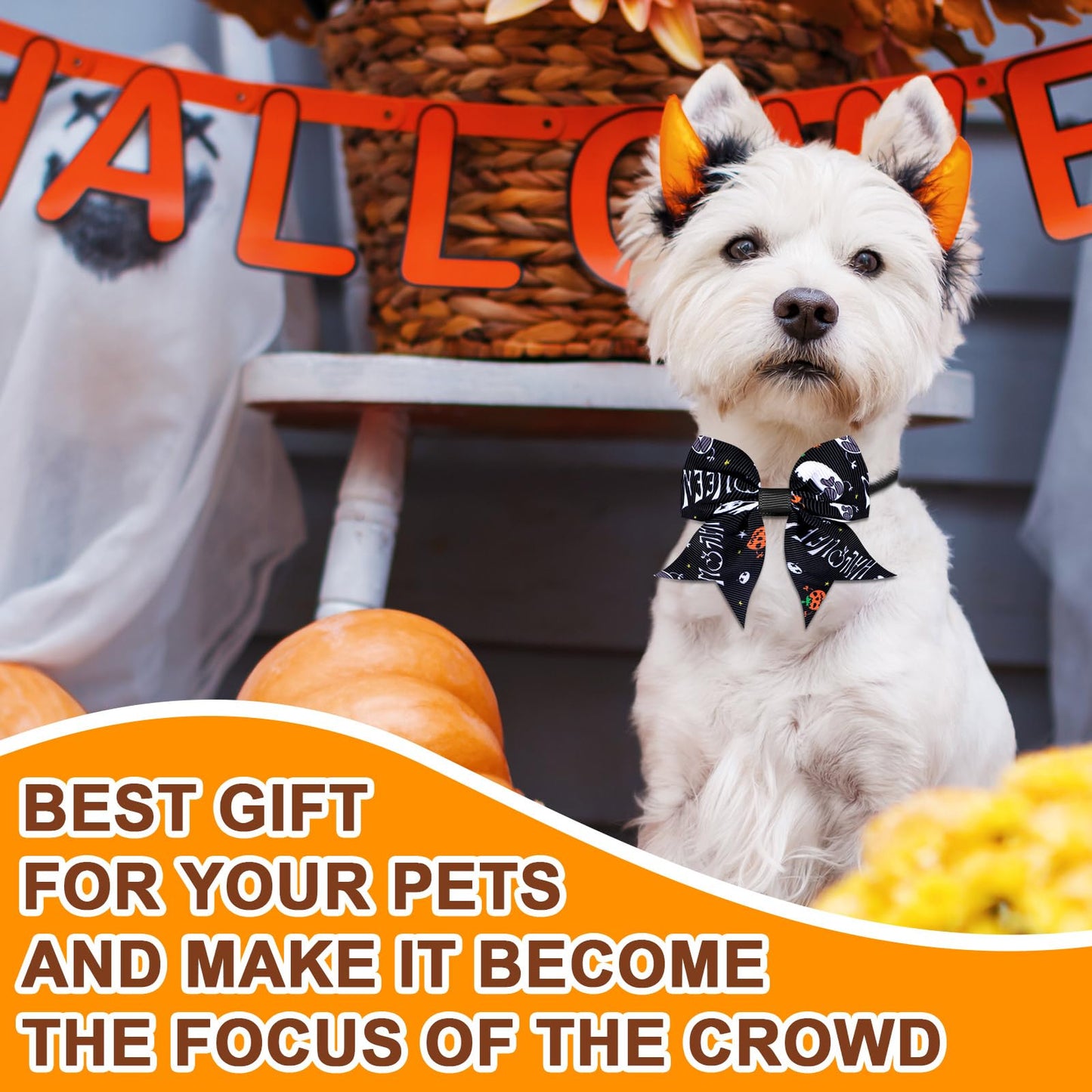 Sadnyy 60 Pcs Dog Bows Dog Collars Thanksgiving Halloween Pet Ties Pumpkin Ghost Adjustable Halloween Pet Bowtie Collar Includes 24 Neck Ties and 24 Bowties 12 Bowknot Set