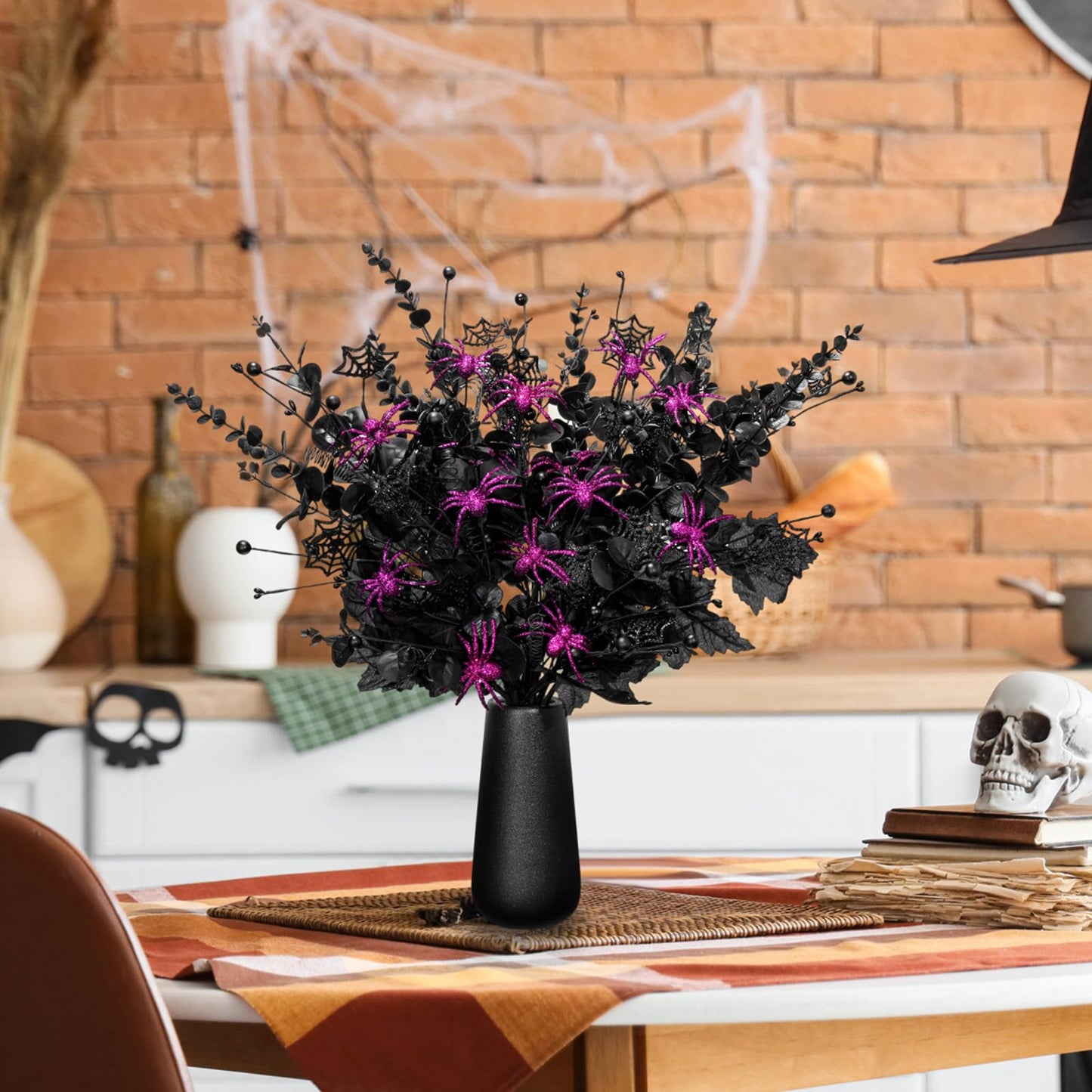 Giegxin 15 Pcs Halloween Floral Picks Halloween Decorations 19.5inch Black Artificial Flowers Branches Eucalyptus Stems Glitter Spiderweb Maple Leaf Stems for Home Indoor Party Vase Arrangement Decor