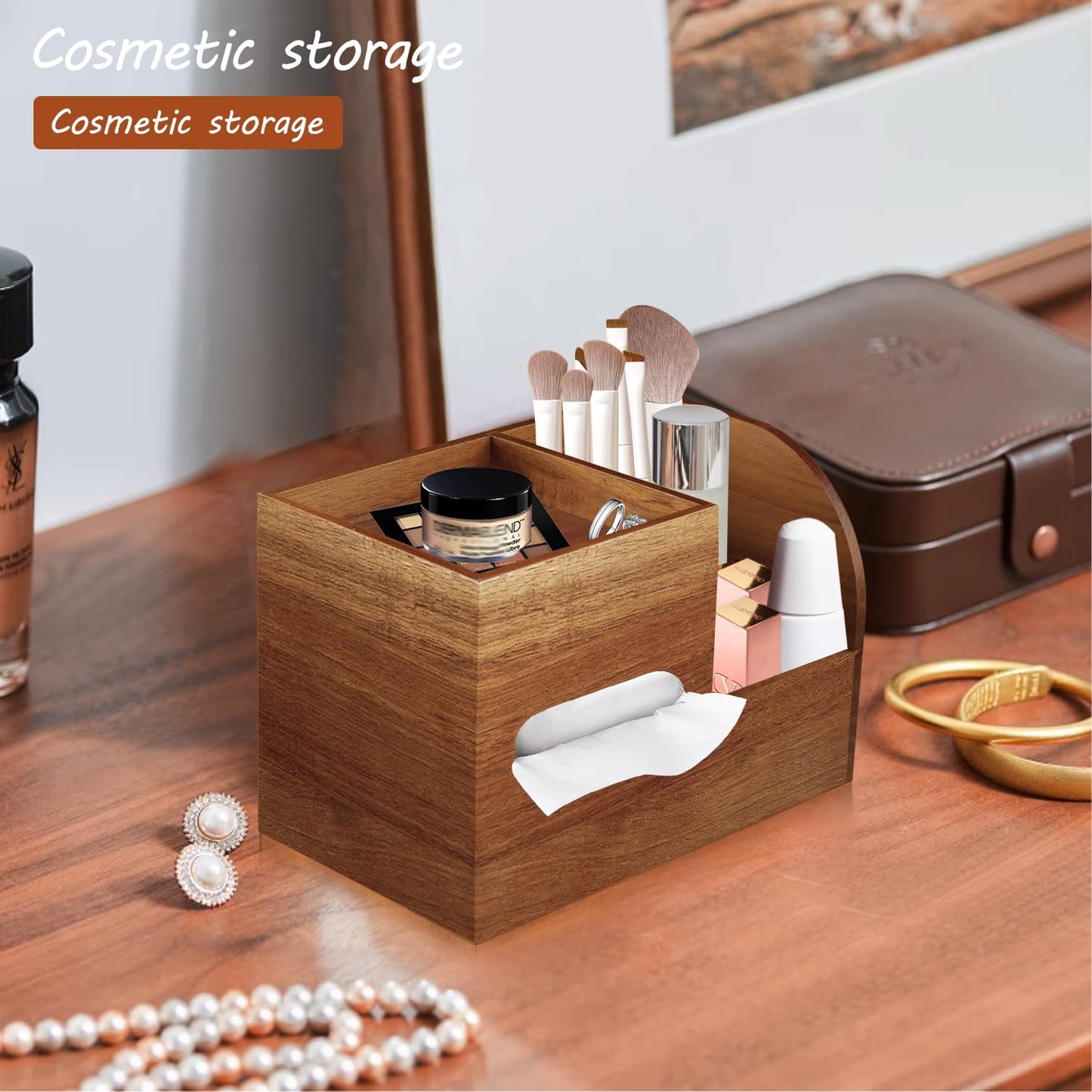 BIBELUN Wood Tissue Box Cover Square with Tray and Remote Holder, Multifunctional Tissues Cube Box Organizer/Shelf/Rack, Napkin Storage Box for Bathroom, Vanity, Nightstand, Office, Home Decor