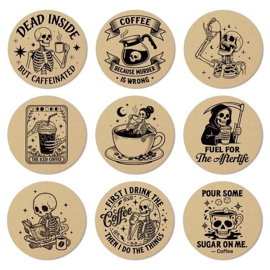 ANATTASOUL Coasters Set of 9 Humorous Skull Coffee Pattern Colorful Wooden Coasters Bulk Round Housewarming Gift for New Home, 3.9" Decorative Coffee Table Protection for Farmhouse Bar House Decor