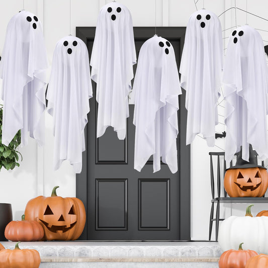 VioraWhite 6 Pack Halloween Hanging Ghost Decorations 30 Inch White Cloth Hanging Ghosts, Flying Ghost Halloween Decor for Outdoor Front Yard Porch Patio Lawn Garden Trees Spooky Decoration