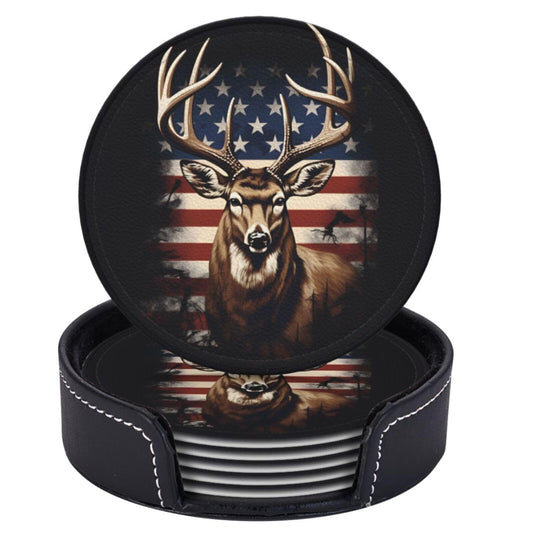 Neukim 6 Pcs American Hunting Deer Leather Coasters for Drinks with Holder Round Mug Mat Table Desk Coasters Set Cup Coasters for Living Room Kitchen Coffee Decor