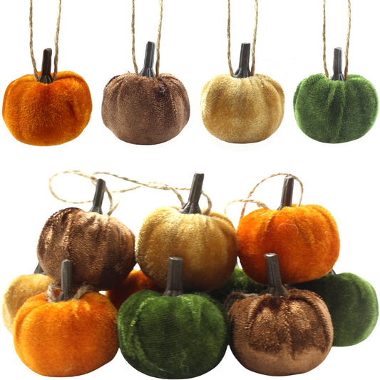 Fall Tree Ornaments Hanging Pumpkins, 12Pcs Velvet Pumpkins Thanksgiving Tree Decorations and Ornaments, 1.7" Mini Fabric Pumpkin Fall Decor for Thanksgiving Halloween Christmas (12 Pcs)