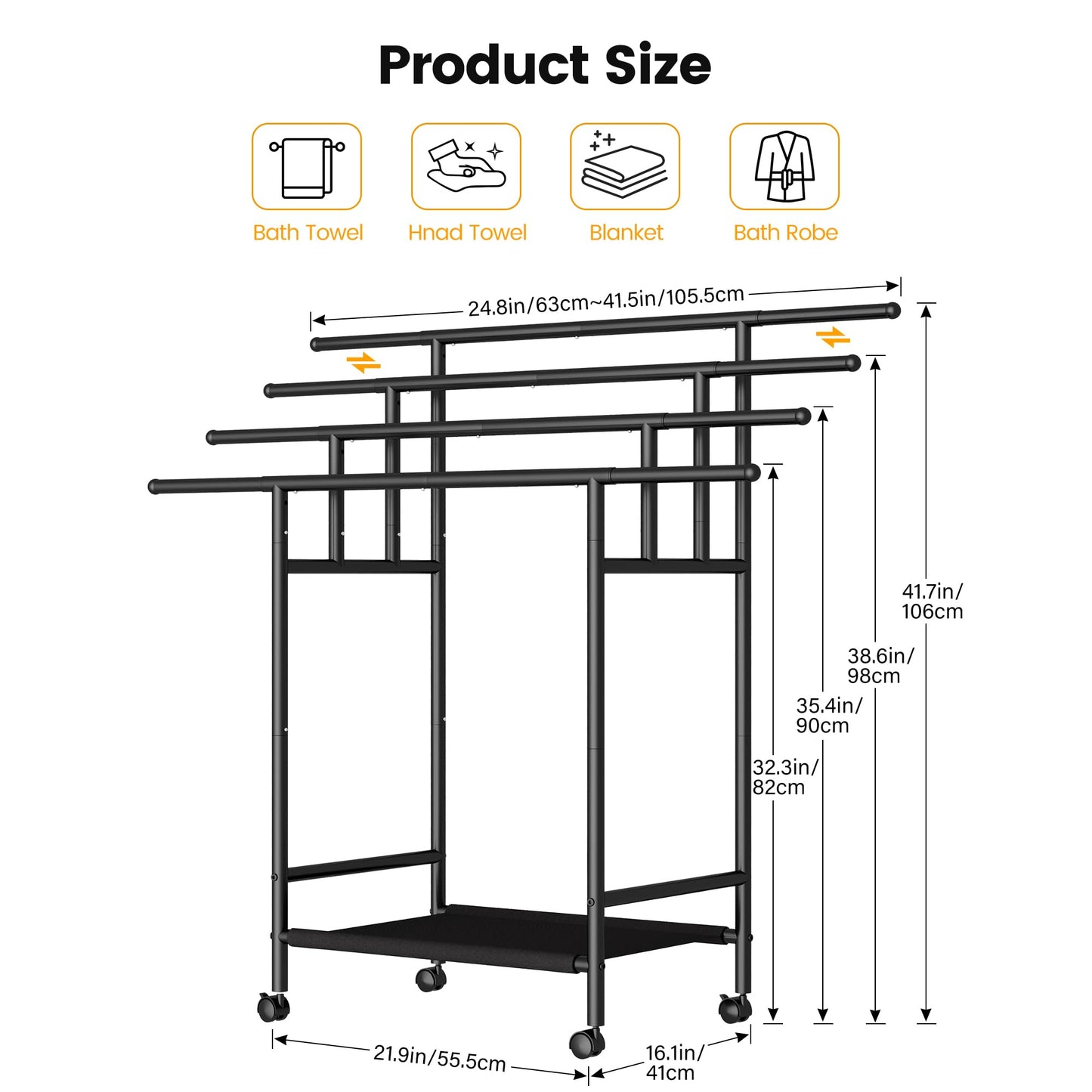 Homeiju Expandable Free Standing Towel Rack for Bathroom, 4 Tier Blanket Rack, Adjustable Blanket Holder for Bathroom, Towel Drying Rack Stand for Outdoor, Poolside, Black