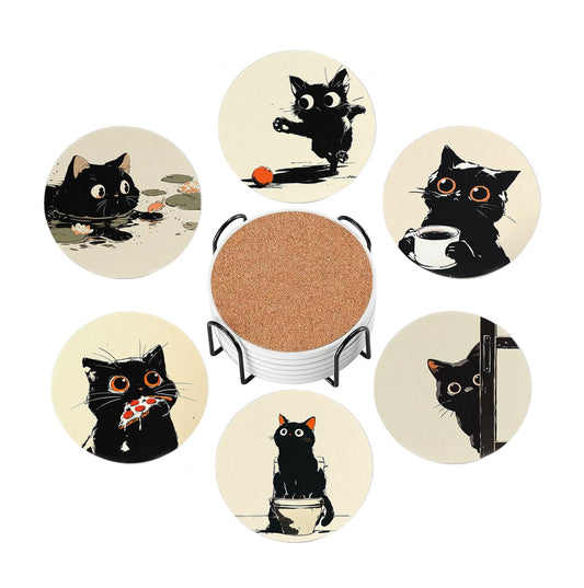 Aowced Drink Absorbent Coasters with Holder Set of 6, Ceramic Stone with Cork Base, Cute Black Cat Design Coaster for Drinks, Gift for Housewarming Room Bar Home Decor Kitchen